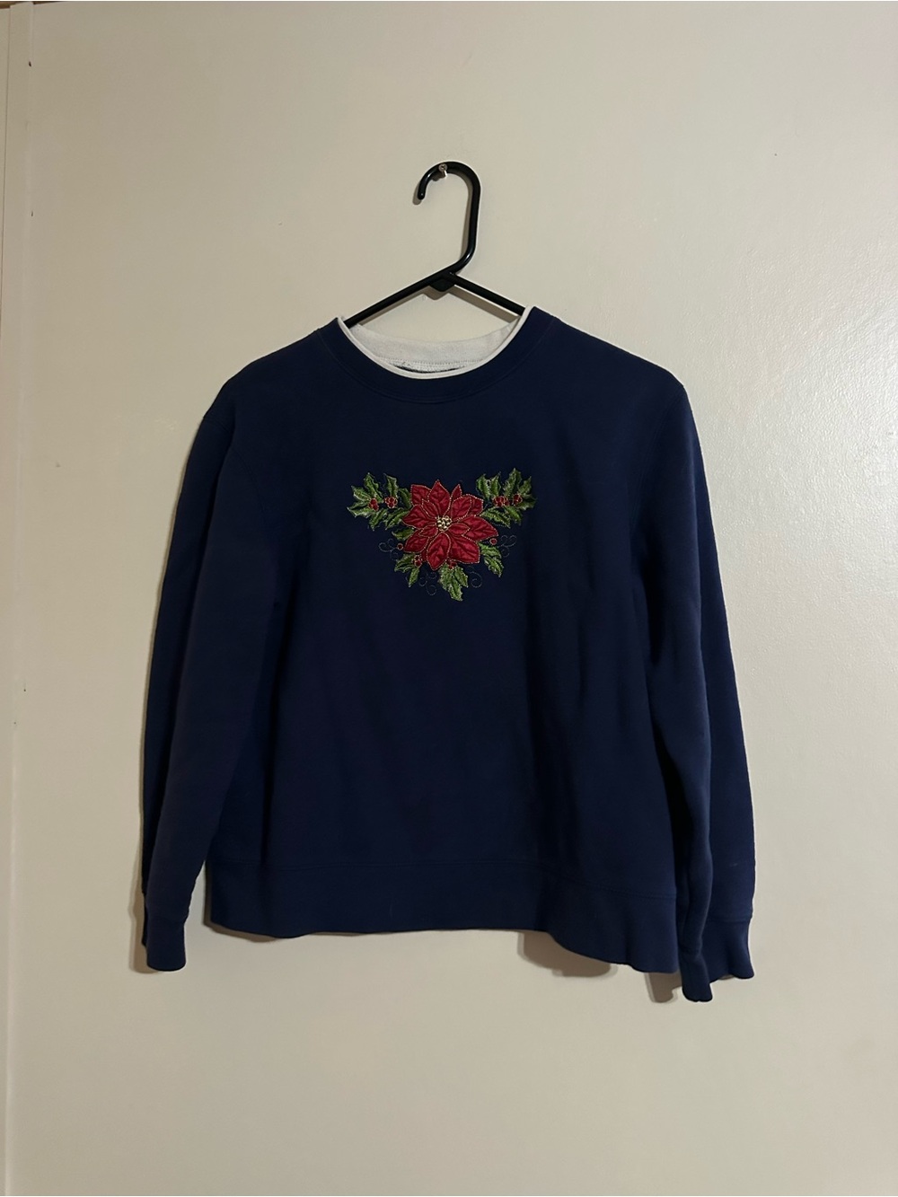 Navy Women's Crewneck Sweatshirt with Red Poinsettia Embroidery